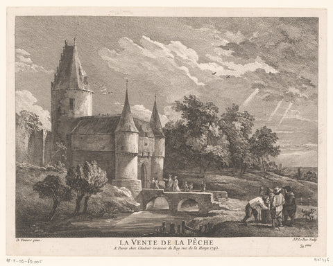 Landscape with castle and different people, Jacques-Philippe Le Bas, 1743 Canvas Print