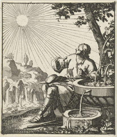 Man sitting next to a fountain, looking at the sun, Jan Luyken, 1689 Canvas Print