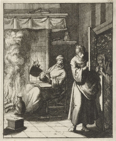 Vrouw opent de deur voor een figuur die buiten in een sneeuwbui staat, Jan Luyken, 1687 Canvas Print