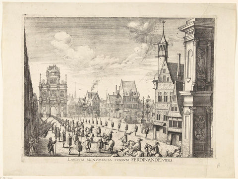 Procession passes through the triumph gates in the square; entry of Ferdinand in Ghent in 1635 (no. 18), anonymous, 1675 - 1685 Canvas Print