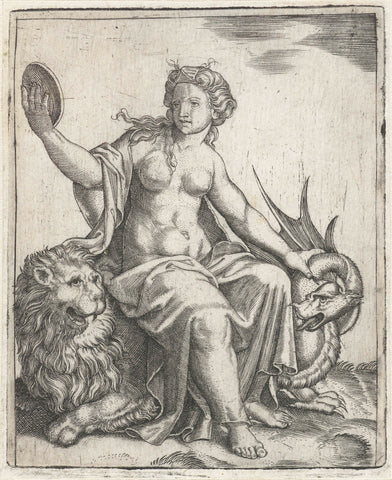 Caution (Prudentia) with mirror sitting on lion restrains a dragon, Marcantonio Raimondi, 1510 - 1575 Canvas Print