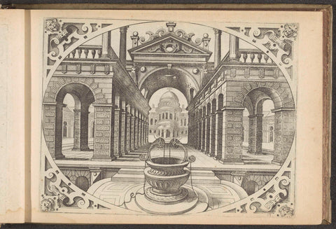 View in a street with colonnades on either side and a well in the foreground, Johannes or Lucas van Doetechum, 1601 Canvas Print