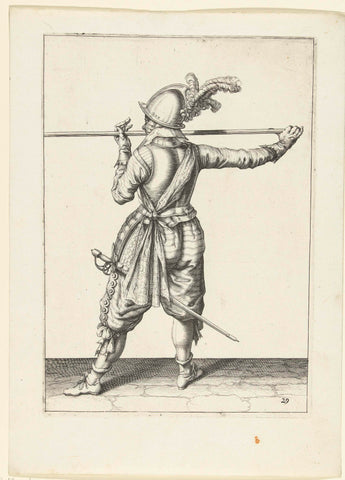 Soldier, seen on the back, carrying his skewer with both hands horizontally at nose height, his right hand at the foot of the weapon, his face turned to the left, Jacob de Gheyn (II) (workshop of), 1597 - 1607 Canvas Print