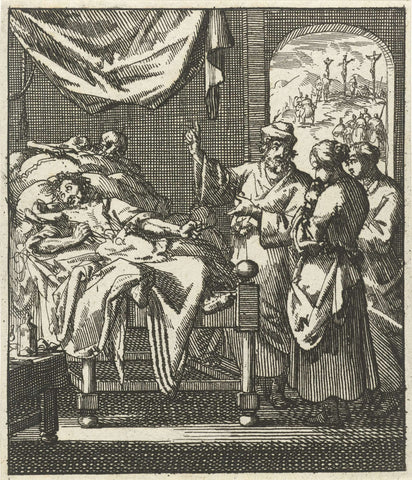 Three persons at a sickbed, behind the sick person death has appeared, Jan Luyken, 1689 Canvas Print