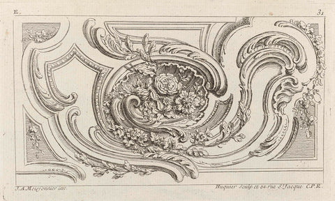 Ornament with flowers and leaves, Gabriel Huquier, Juste Aurèle Meissonnier, 1738 - 1749 Canvas Print