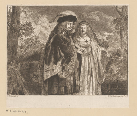 Portrait of a richly dressed couple in a landscape, Antoine de Marcenay de Ghuy, 1755 Canvas Print