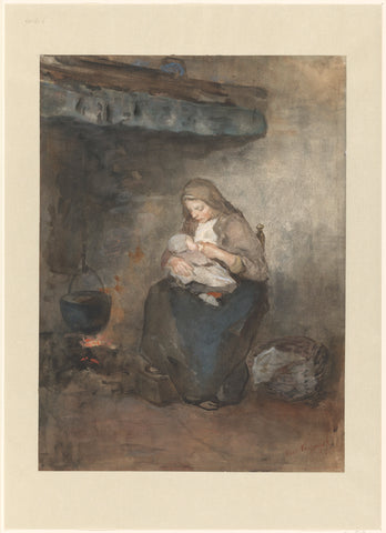 Mother suckles her child by the hearth, Albert Neuhuys (1844-1914), 1854 - 1914 Canvas Print