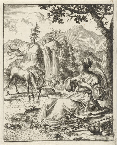 On the banks of a stream a woman beholds a drinking deer, Jan Luyken, 1687 Canvas Print