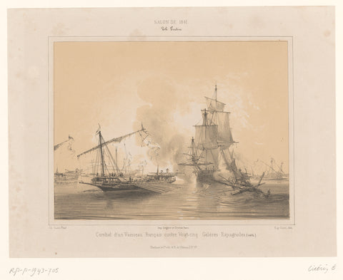 Naval battle between a French ship and 25 Spanish galleys, Eugène Cicéri, 1841 Canvas Print