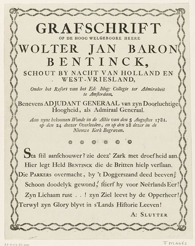 Epitaph at the death of Wolter Jan Gerrit baron Bentinck, 1781, A. Sluyter, 1781 Canvas Print