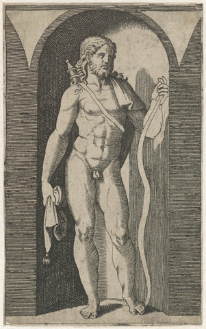 Apollo met pijlkoker en slang staand in nis, Marcantonio Raimondi, 1511 - 1520 Canvas Print