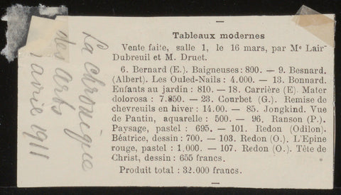 Newspaper clipping from La Chronique des Arts concerning the sale of works of art by Odilon Redon, anonymous, 1911 Canvas Print