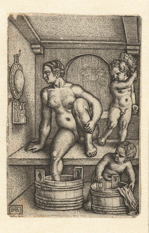 Woman with two children in bathroom, Hans Sebald Beham, 1510 - 1550 Canvas Print