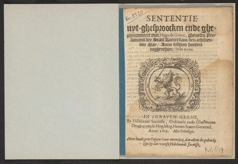 Sententie, uyt-ghesproocken ende ghepronuncieert, States-General, 1619 Canvas Print