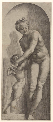 Venus en Amor staand in nis, Marcantonio Raimondi, 1510 - 1527 Canvas Print