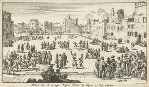 Christian prisoners are sold as slaves in a square in Algiers, Jan Luyken, 1684 Canvas Print