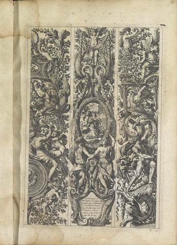 Three vertical panels with leaf ornament and figures, Jean Lepautre, after 1634 - before 1667 Canvas Print