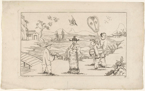 Landscape with a Chinese Servant Bringing Tea to a Master, Pieter Schenk (II), c. 1715 - c. 1725 Canvas Print