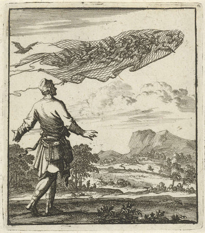 Vogelvanger watches as his bird net is flown away by a number of pigeons caught underneath, Jan Luyken, 1693 Canvas Print