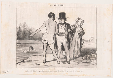 Man in swimming trunks asks mayor if he can swim, Honoré Daumier, 1842 Canvas Print