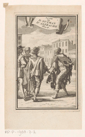 Man in rags dressed for three well-dressed men, anonymous, 1728 Canvas Print