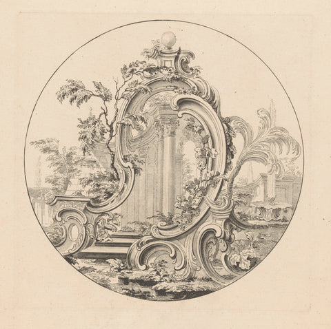 Cartouche in landscape with colonnades, anonymous, 1752 Canvas Print