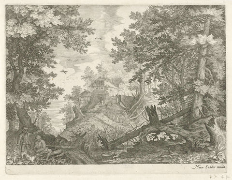 Forest landscape with two hunters and a dog, Aegidius Sadeler, 1624 - c. 1650 Canvas Print