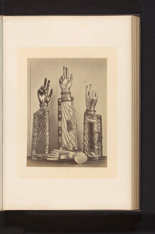 Three relic cabinets in the shape of a hand and a relic case in the shape of a foot, set up at an exhibition about religious objects from the Middle Ages and Renaissance in 1864 in Mechelen, Joseph Maes, 1864 Canvas Print