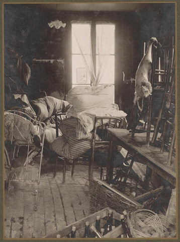 Room interior with rescued furniture and bedding during the flood of Paris, G. Dangereux, 1910 Canvas Print