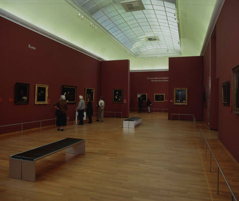 Room with visitors and paintings on the theme 'Rome', on the back of the room about 'The seven works of mercy', c. 2002 Canvas Print