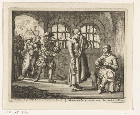 Jaques d'Auchy says goodbye to his wife in the prison in Leeuwarden, 1559, Jan Luyken, 1683 - 1685 Canvas Print