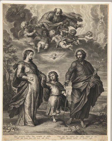 Christ child walks between Mary and Joseph with above them God, Holy Spirit and angels, Schelte Adamsz. Bolswert, 1596 - 1659 Canvas Print