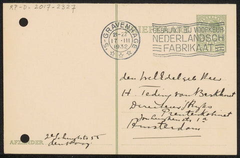 Postcard to jonkheer Hendrik Teding van Berkhout (1879-1969), Henri Verstijnen, 1932 Canvas Print