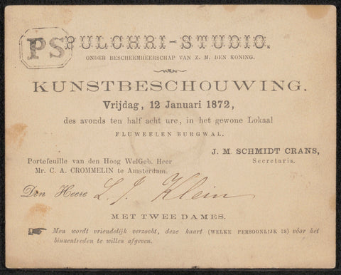 Invitation to Lodewijk Johannes Kleijn, Pulchri Studio, in or before 1872 Canvas Print