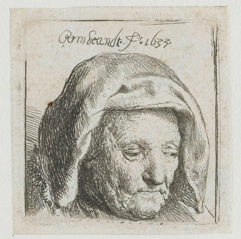 The artist's mother in a cloth headdress, looking down: head only, Rembrandt van Rijn, 1633 Canvas Print