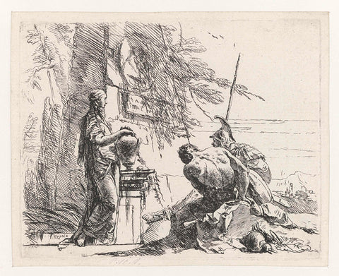 Standing woman with seated soldier and slave, Giovanni Battista Tiepolo, in or before c. 1735 Canvas Print