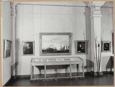 Room 113 seen to the west with paintings, a laying display case and weapons, 1963 Canvas Print