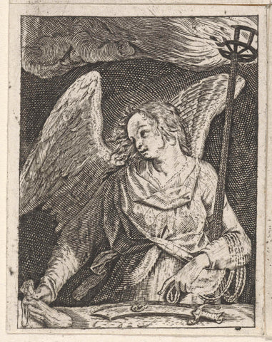 Angel with the sword of the Petrus, the money pouch of the Judas and a torch, Johann Sadeler (I), 1580 - 1600 Canvas Print