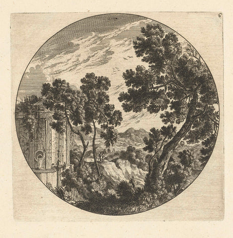 Southern mountain landscape with trees and spring in round frame, Cornelis Danckerts (I), 1613 - 1656 Canvas Print