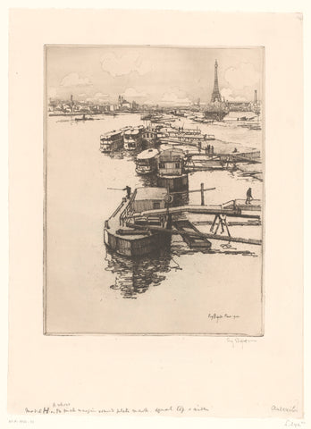 Quay with omnibus boats in Paris with the Eiffel Tower in the background, Eugène Bejot, 1904 Canvas Print