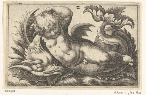 Child with one arm behind his head and one beaten around a fish, Adam Fuchs, c. 1526 - 1606 Canvas Print