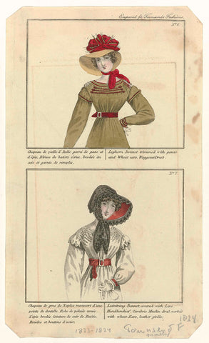 Townsend's Monthly Selection of Parisian Costumes, 1824, No. 6 en No. 7 : Chapeau de paill (...), anonymous, 1824 Canvas Print