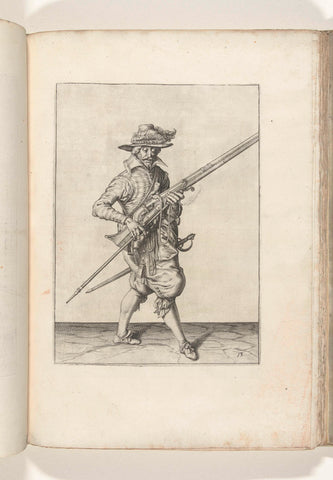 Soldier holding his musket with his left hand pointed upwards at an angle, while pulling his furket out from under the barrel (no. 13), ca. 1600, Jacob de Gheyn (II) (workshop or), 1597 - 1607 Canvas Print