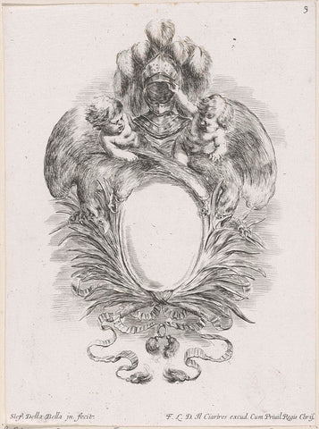 Cartouche with two putti on eagles holding up a helmet together, Stefano della Bella, 1646 Canvas Print