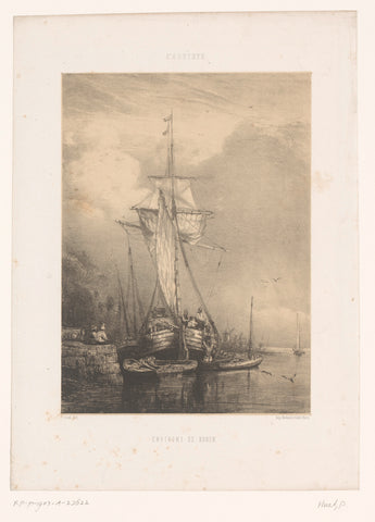 Ship with sloops on the quay in the vicinity of Rouen, Paul Huet, 1832 Canvas Print