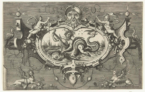 Cartouche with a fiddle playing triton, Harmen Jansz Muller, 1564 Canvas Print