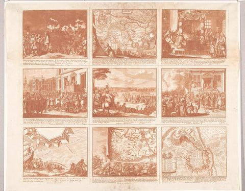 Sheet with nine representations of events in the year 1713 of the War of the Spanish Succession, Pieter Schenk (I), 1713 - 1720 Canvas Print