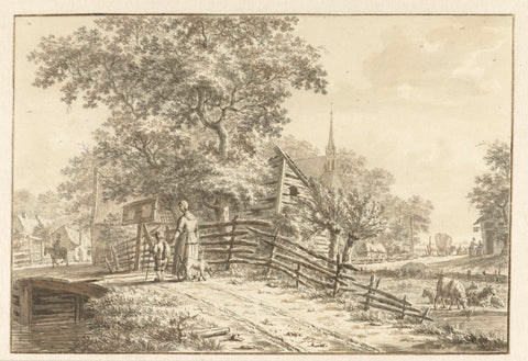 Village view with a few people on a bridge, Jacob Cats (1741-1799), 1751 - 1799 Canvas Print