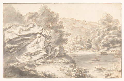 Rocks and river in hilly landscape, Gilles Neyts, 1633 - 1687 Canvas Print