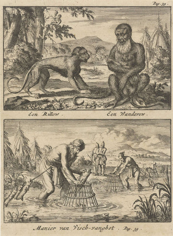 Two monkeys / Fishing with hives, Jan Luyken, 1692 Canvas Print